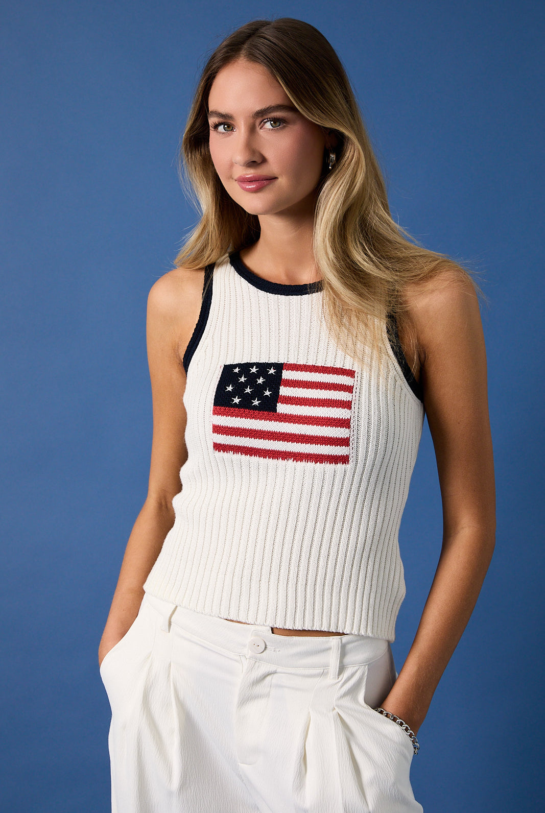 White and navy American flag sleeveless knit tank top by RARA Boutique, featuring a casual, patriotic design.