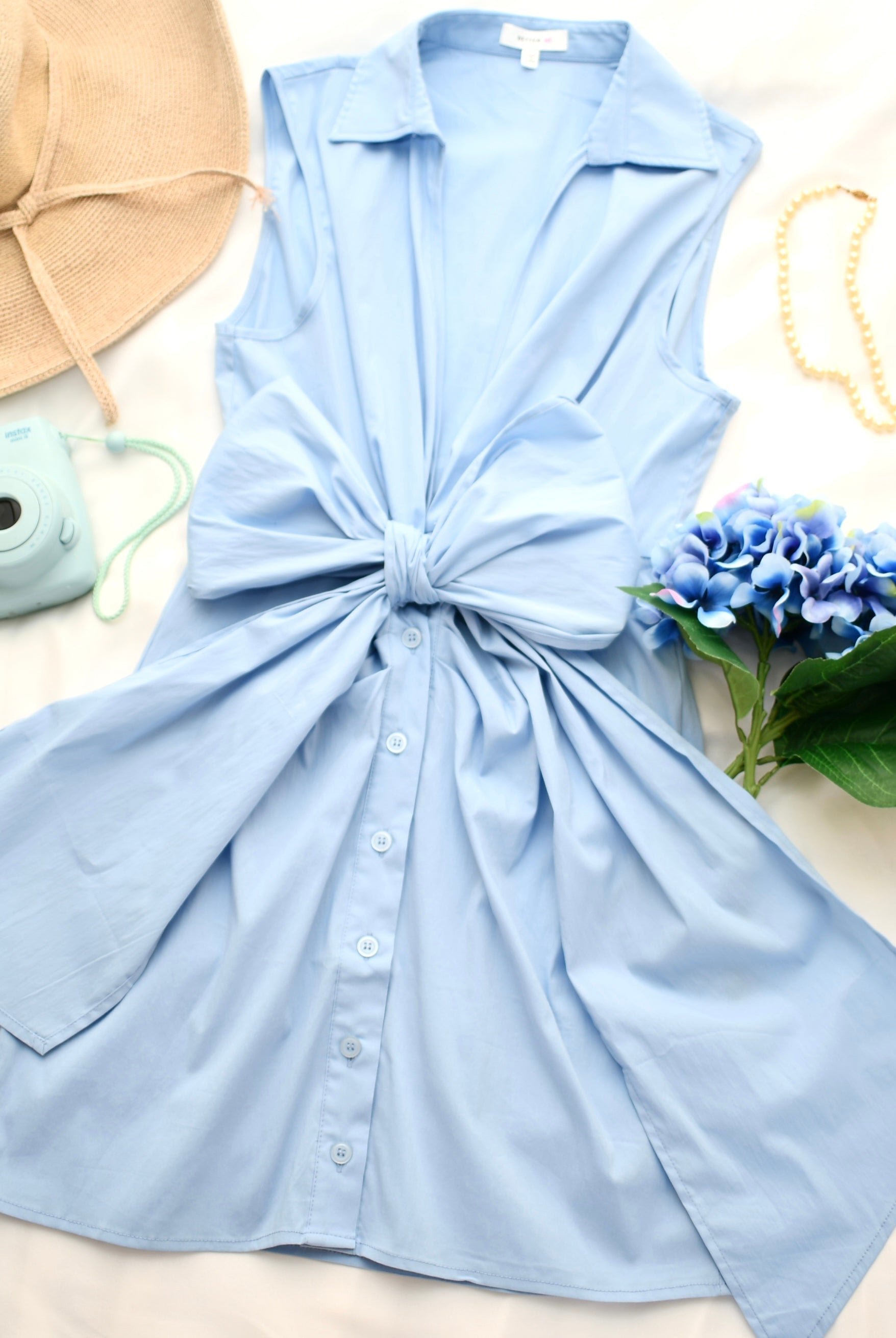 V-Neck Poplin Sleeveless Dress with Bow - RARA Boutique