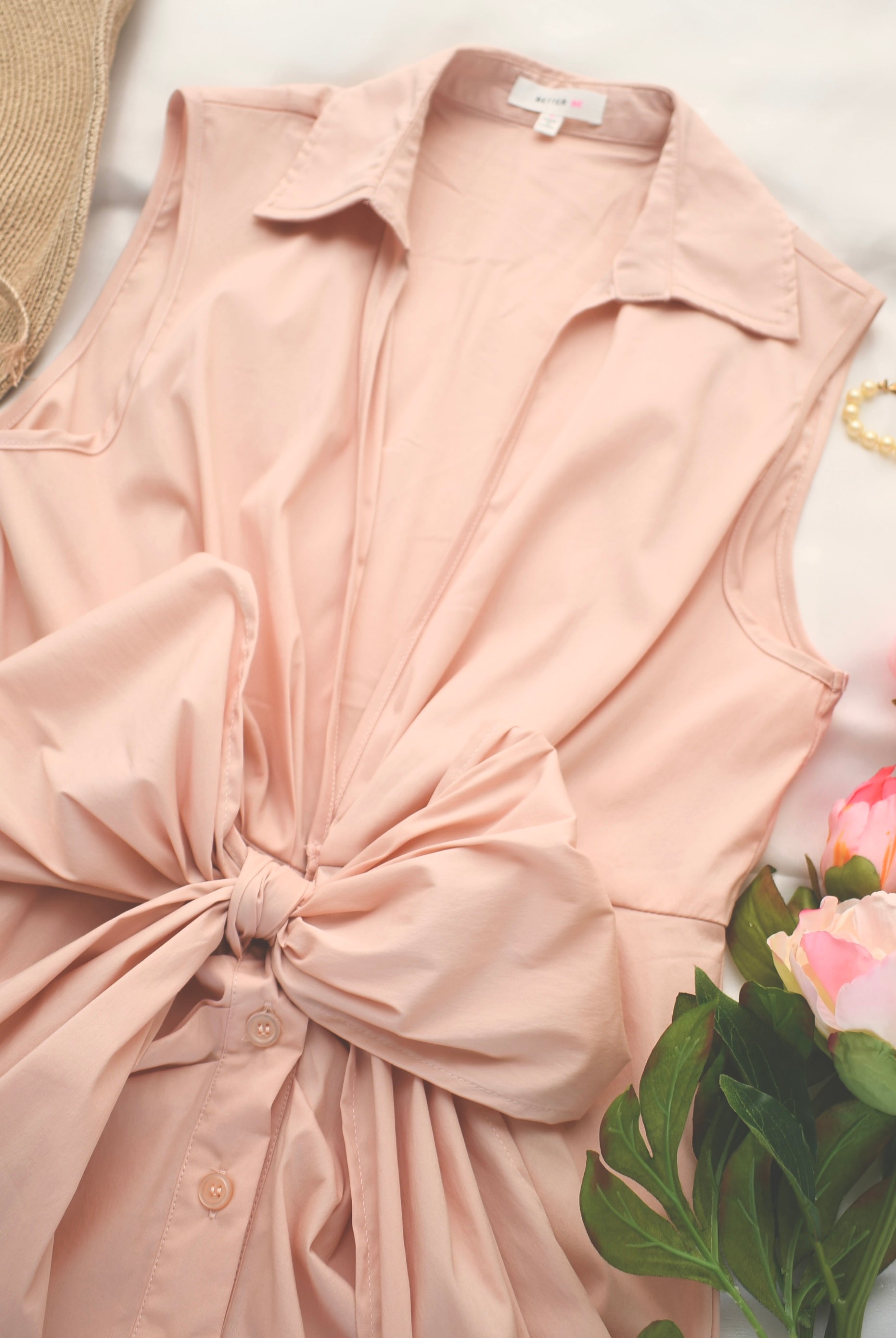 V-Neck Poplin Sleeveless Dress with Bow - RARA Boutique