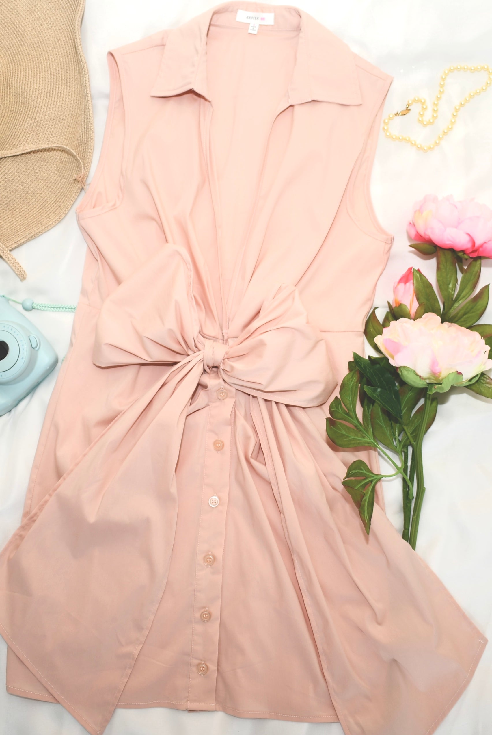 V-Neck Poplin Sleeveless Dress with Bow - RARA Boutique