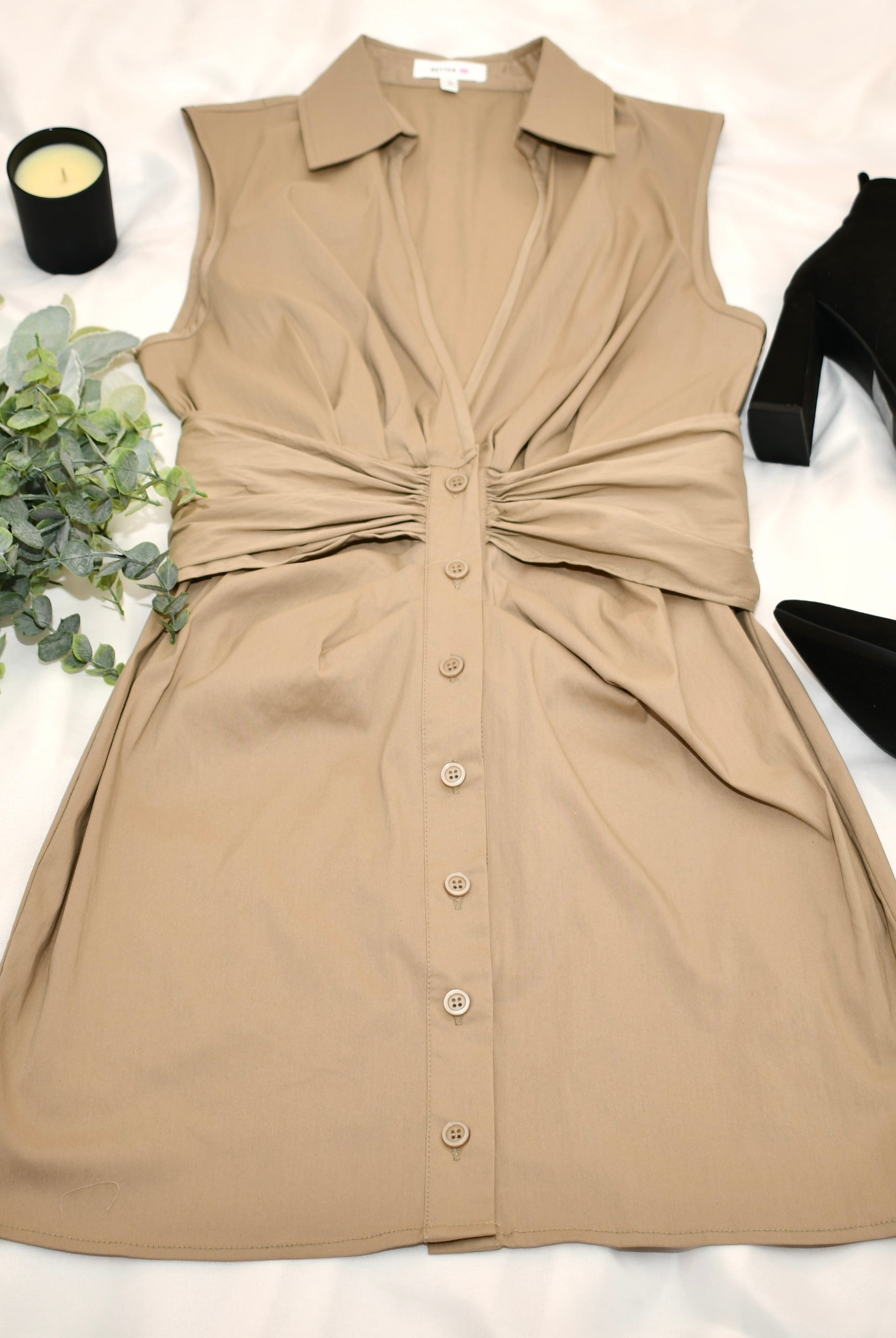 V-Neck Poplin Sleeveless Dress with Bow - RARA Boutique