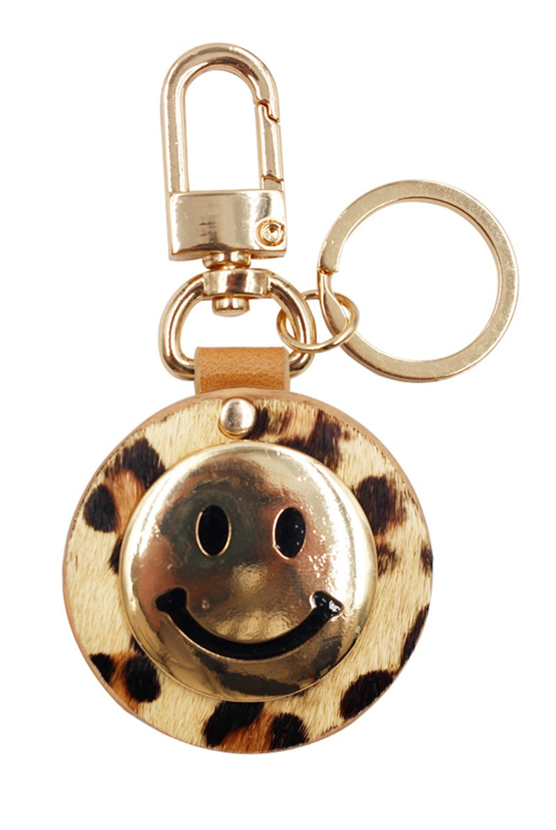 Smiley Face Animal Print Genuine Leather Keychain - RARA Boutique