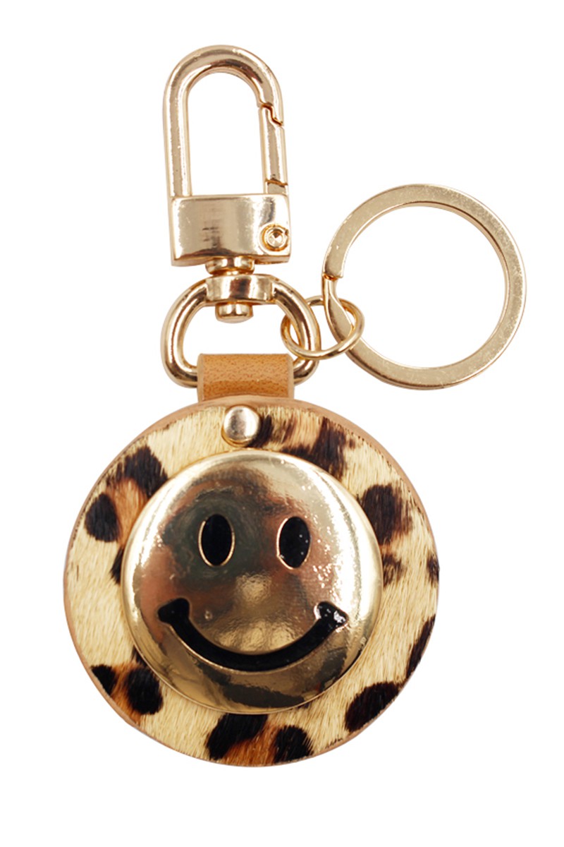 Smiley Face Animal Print Genuine Leather Keychain - RARA Boutique