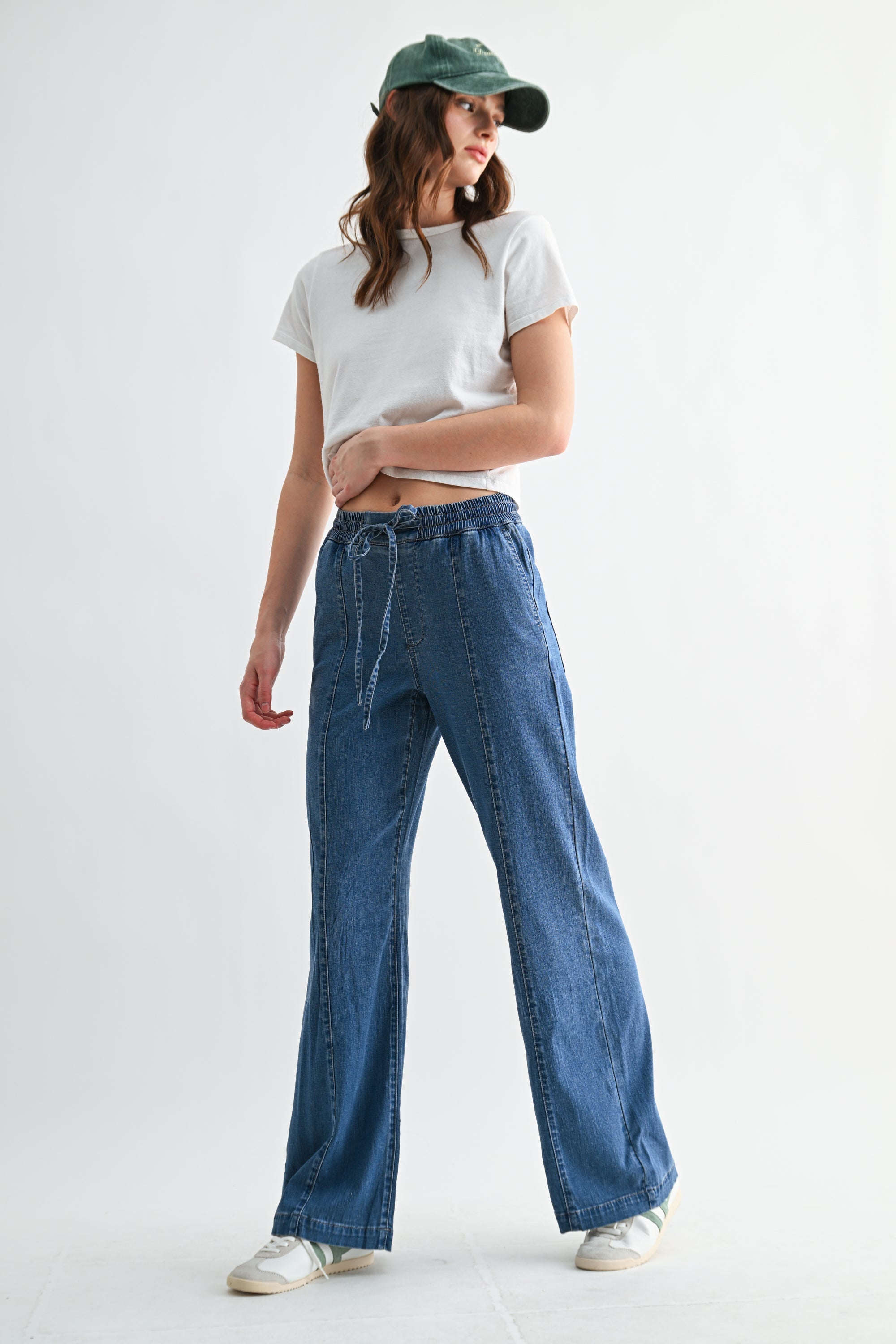 Lightweight denim jogger pants with elastic waist from RARA Boutique, featuring a relaxed fit and casual style.
