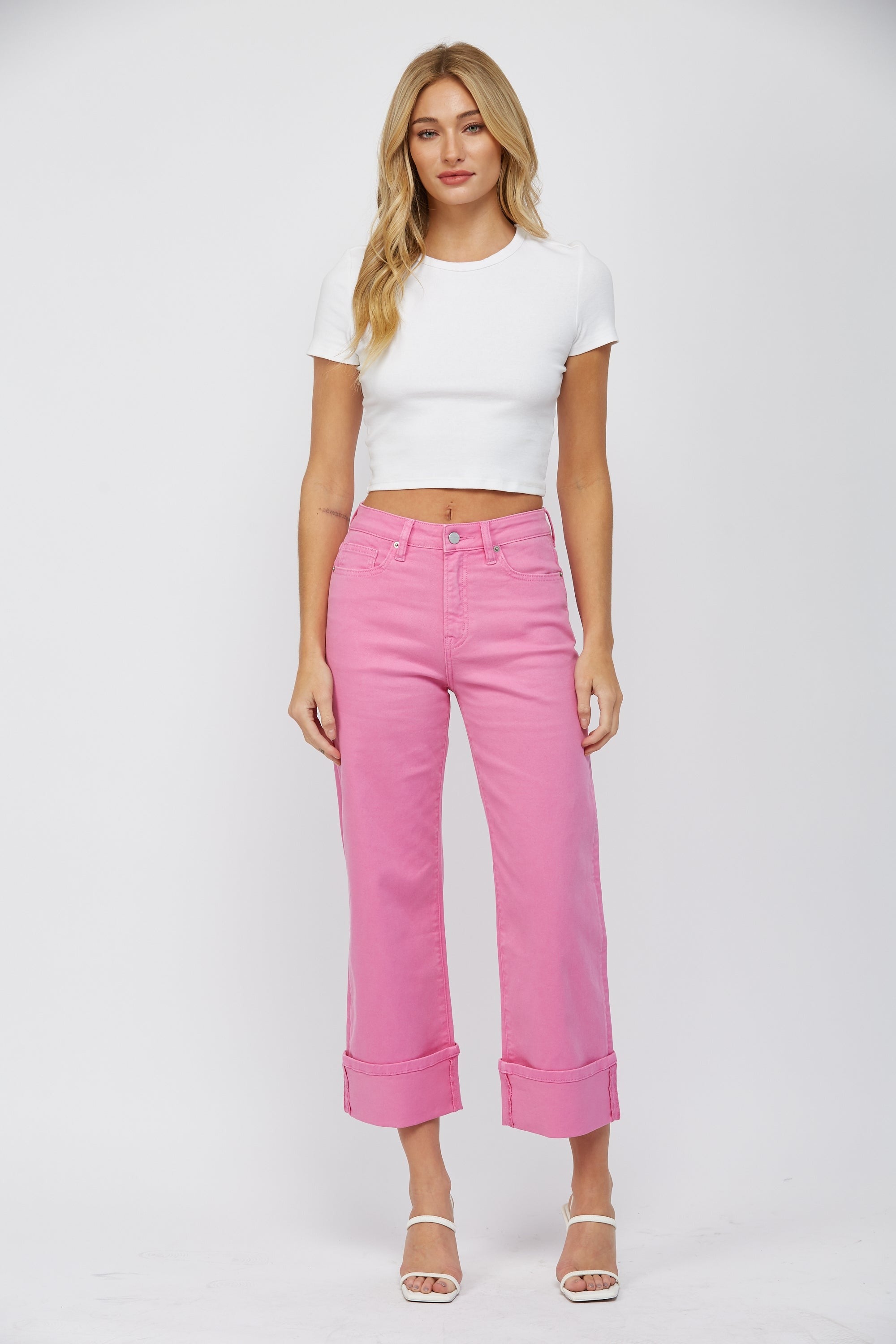 Wide Leg High Rise Tummy Tuck Cropped Cuffed Jeans - Mica - RARA Boutique