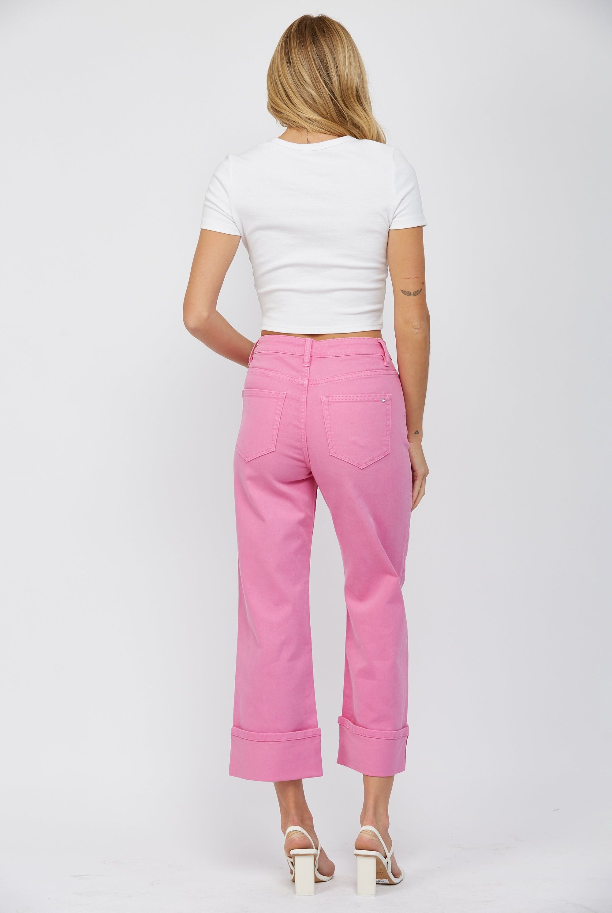 Wide Leg High Rise Tummy Tuck Cropped Cuffed Jeans - Mica - RARA Boutique