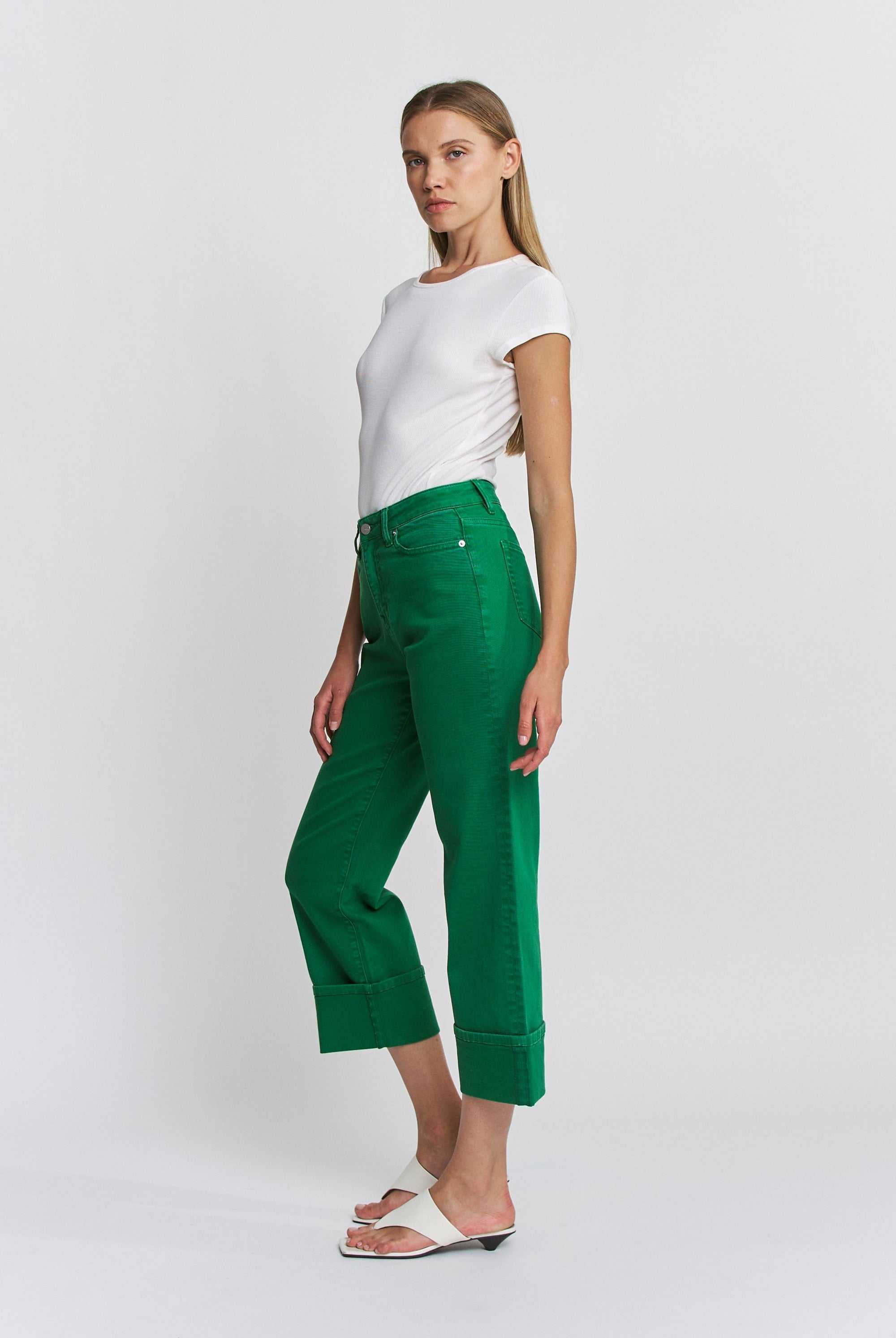 Wide Leg High Rise Tummy Tuck Cropped Cuffed Jeans - Mica - RARA Boutique