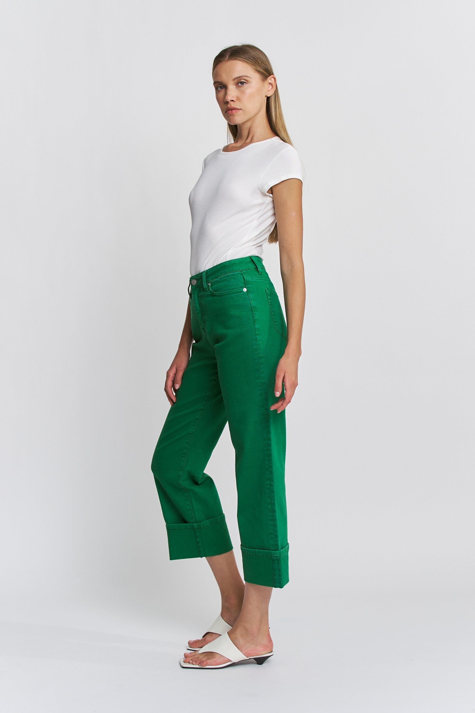 Wide Leg High Rise Tummy Tuck Cropped Cuffed Jeans - Mica - RARA Boutique