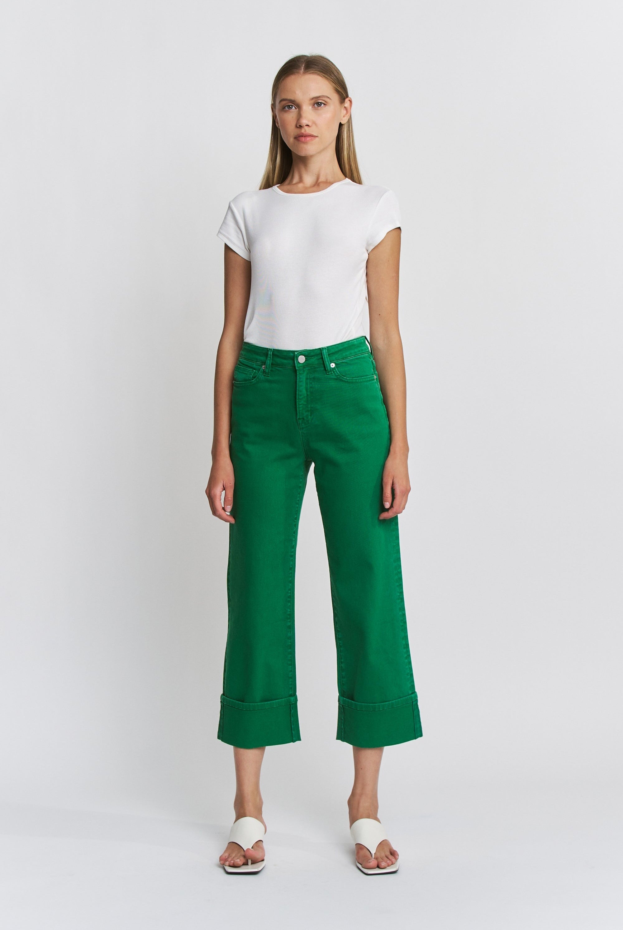 Wide Leg High Rise Tummy Tuck Cropped Cuffed Jeans - Mica - RARA Boutique