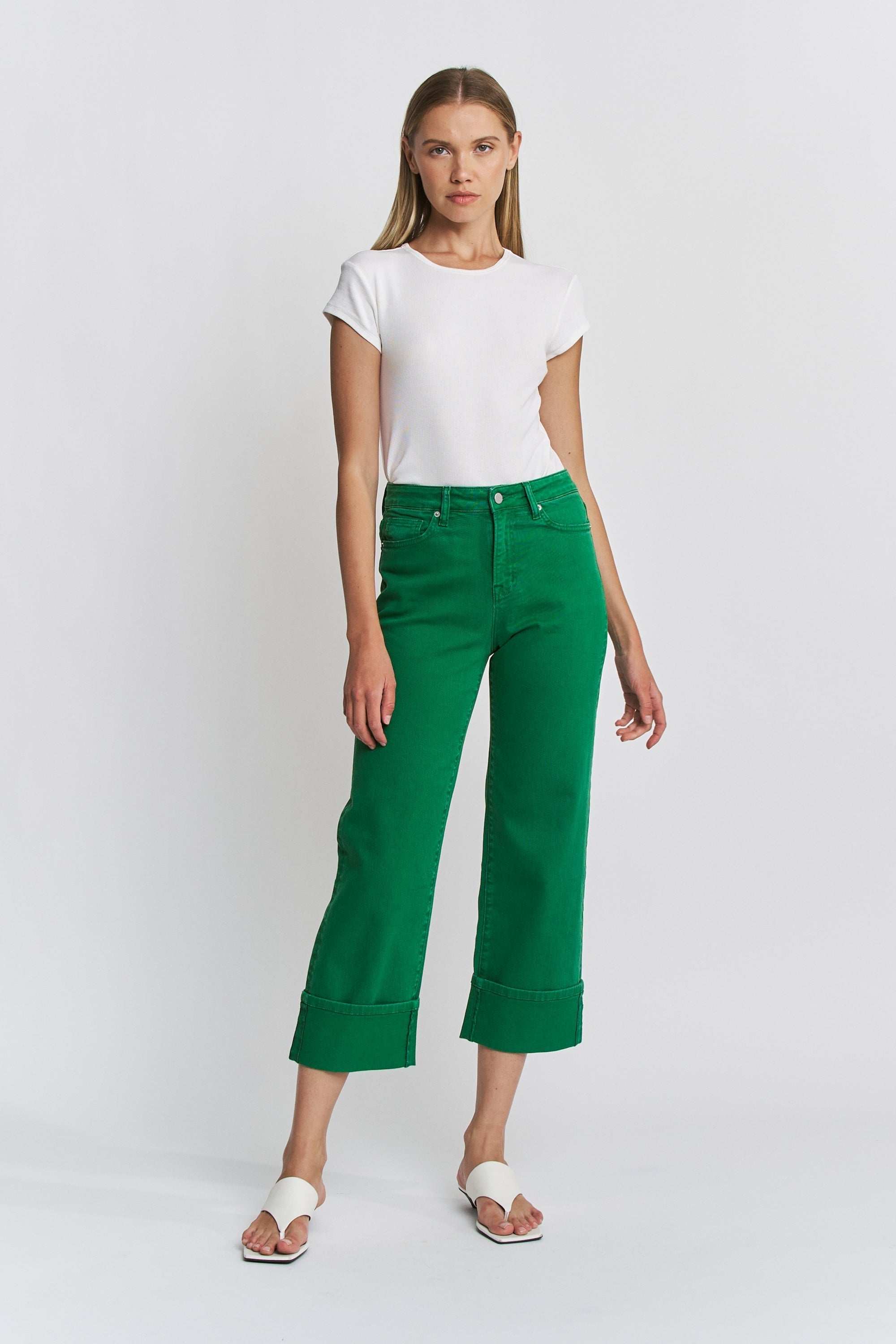 Wide Leg High Rise Tummy Tuck Cropped Cuffed Jeans - Mica - RARA Boutique