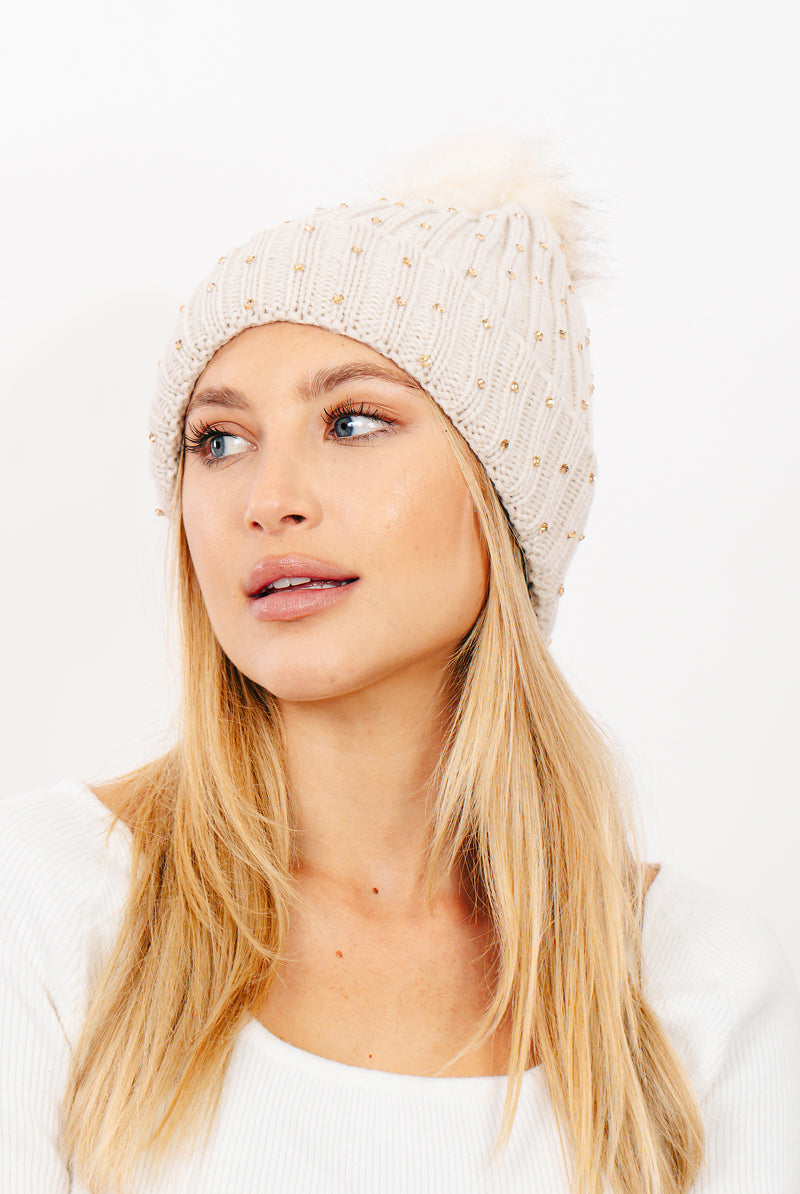 Rhinestone Pom-Pom Knit Beanie - RARA Boutique