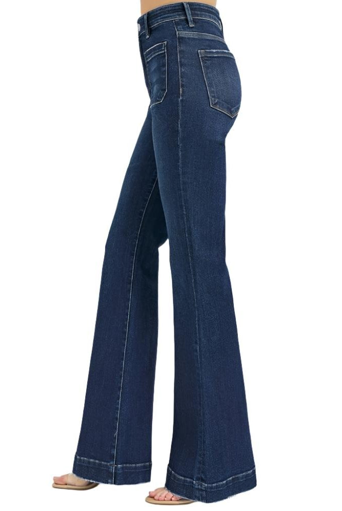 Square Patch Pocket Dark Wash Flare Jeans - Risen - RARA Boutique