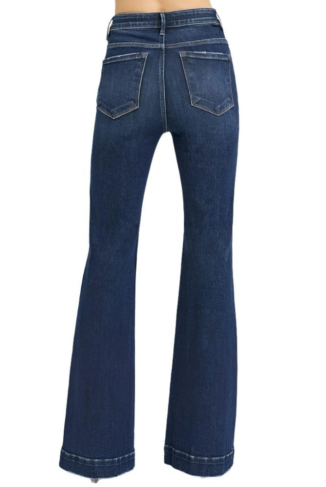 Square Patch Pocket Dark Wash Flare Jeans - Risen - RARA Boutique
