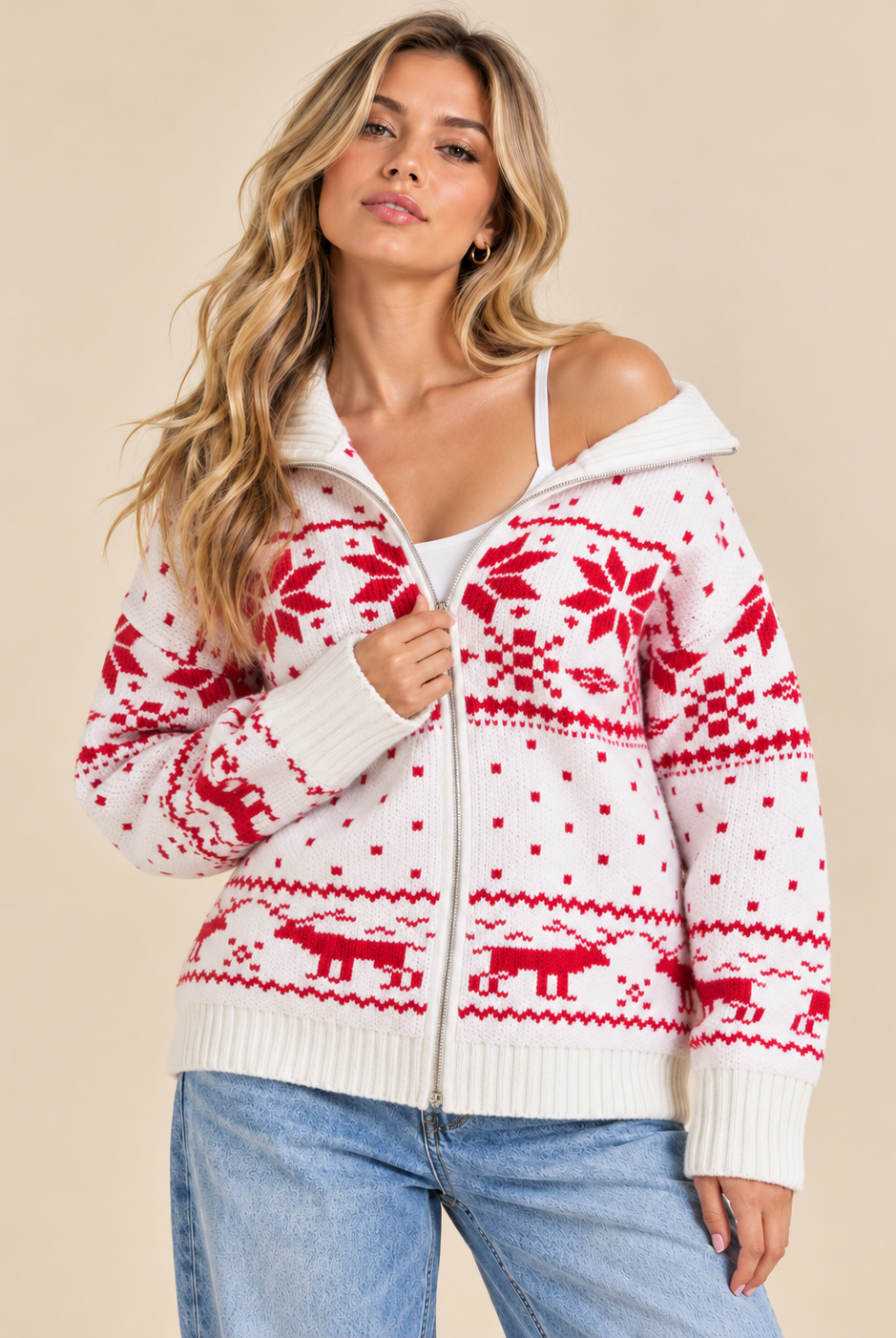Off-shoulder Christmas Fair Isle knit sweater jacket by RARA Boutique, featuring festive Nordic patterns and a cozy, stylish fit.