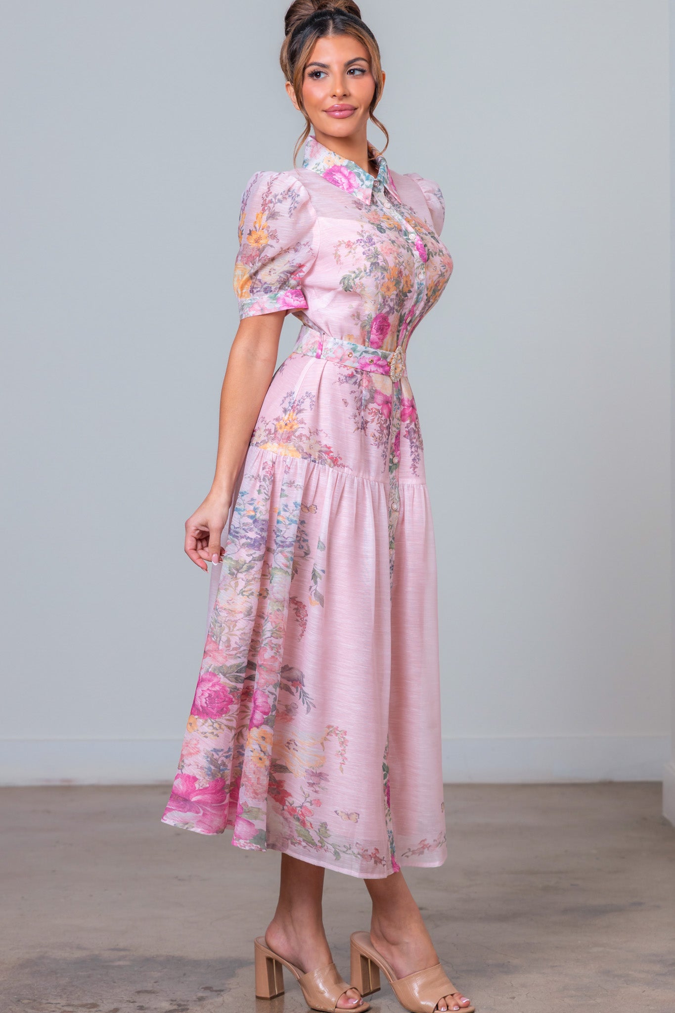 Floral Button Front Midi Dress with Crystal Belt - A. Peach - RARA Boutique