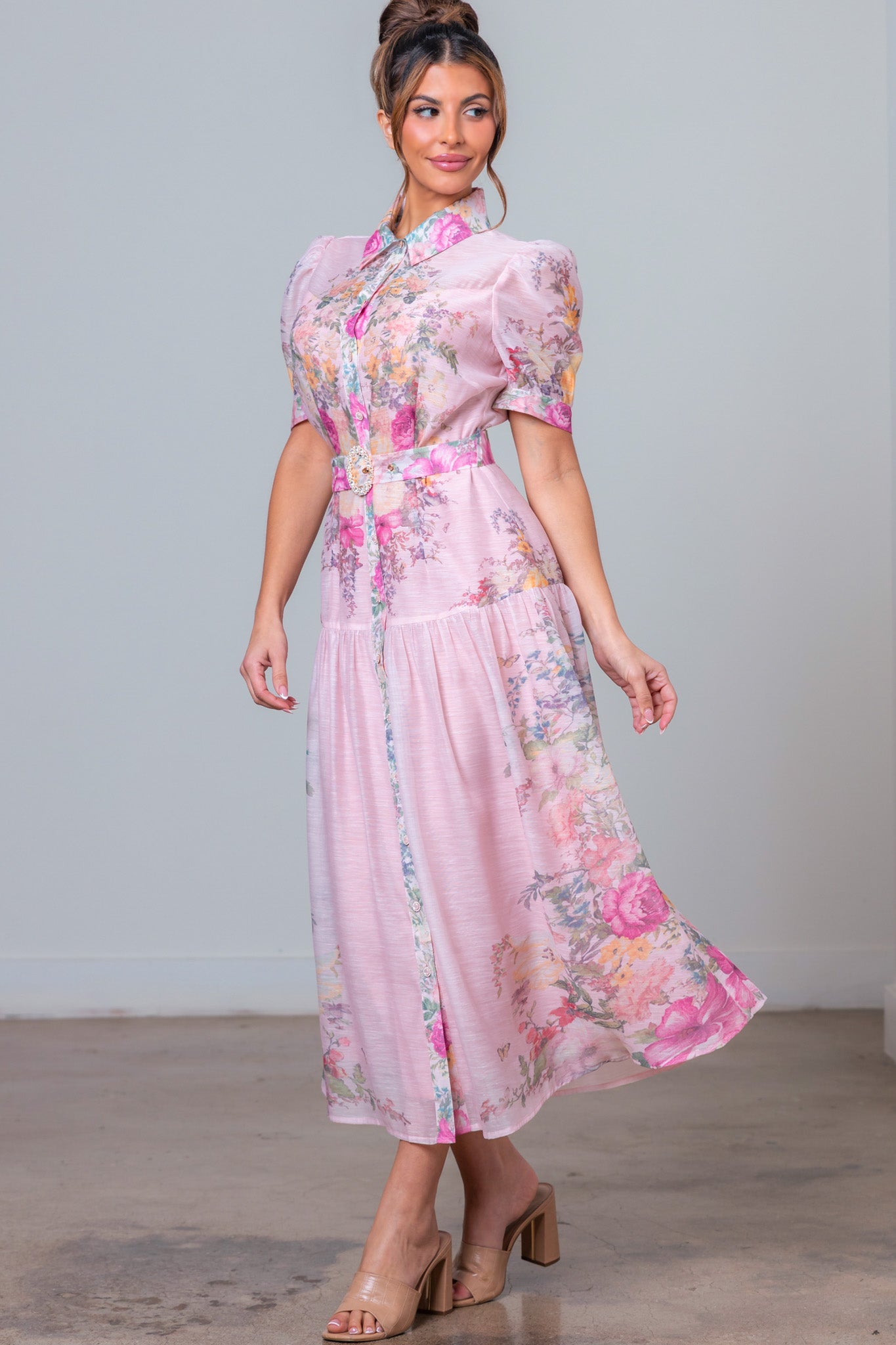 Floral Button Front Midi Dress with Crystal Belt - A. Peach - RARA Boutique