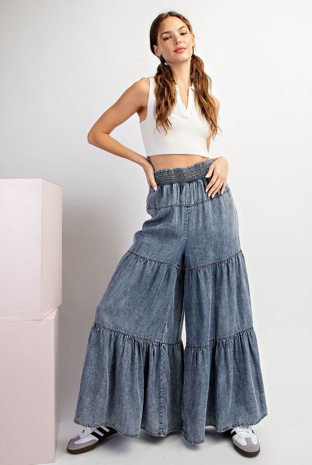 Snow Washed Denim Tiered Wide Leg Palazzo Pants from RARA Boutique, showing the relaxed, flowing wide-leg design and tiered details.