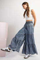 Snow Washed Denim Tiered Wide Leg Palazzo Pants - eesome - RARA Boutique