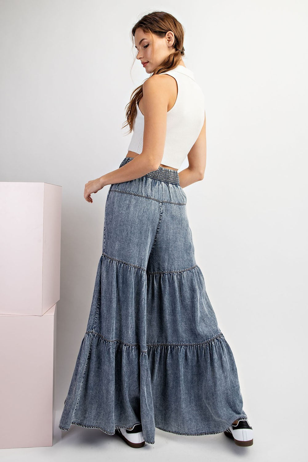 Snow Washed Denim Tiered Wide Leg Palazzo Pants - eesome - RARA Boutique