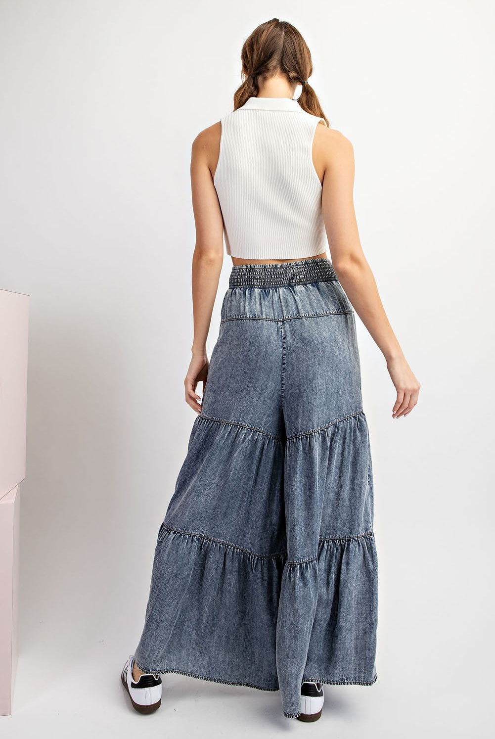 Snow Washed Denim Tiered Wide Leg Palazzo Pants - eesome - RARA Boutique