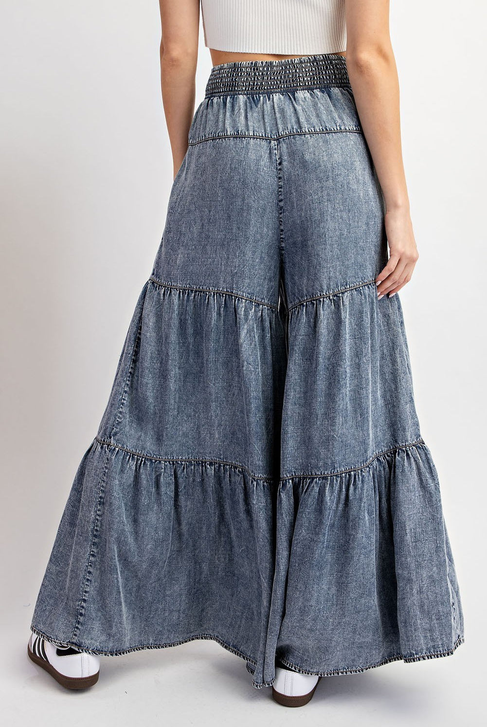 Snow Washed Denim Tiered Wide Leg Palazzo Pants - eesome - RARA Boutique