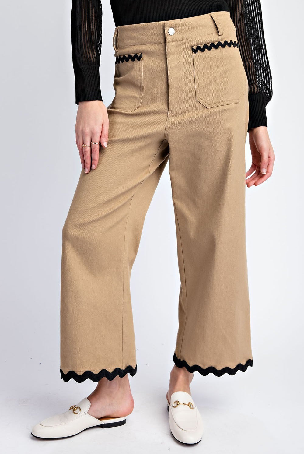 Wavy Contrast Ric Rac Trim Cropped Wide Leg Pants - eesome - RARA Boutique