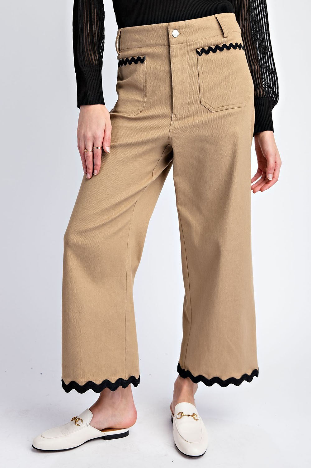 Wavy Contrast Ric Rac Trim Cropped Wide Leg Pants - eesome - RARA Boutique