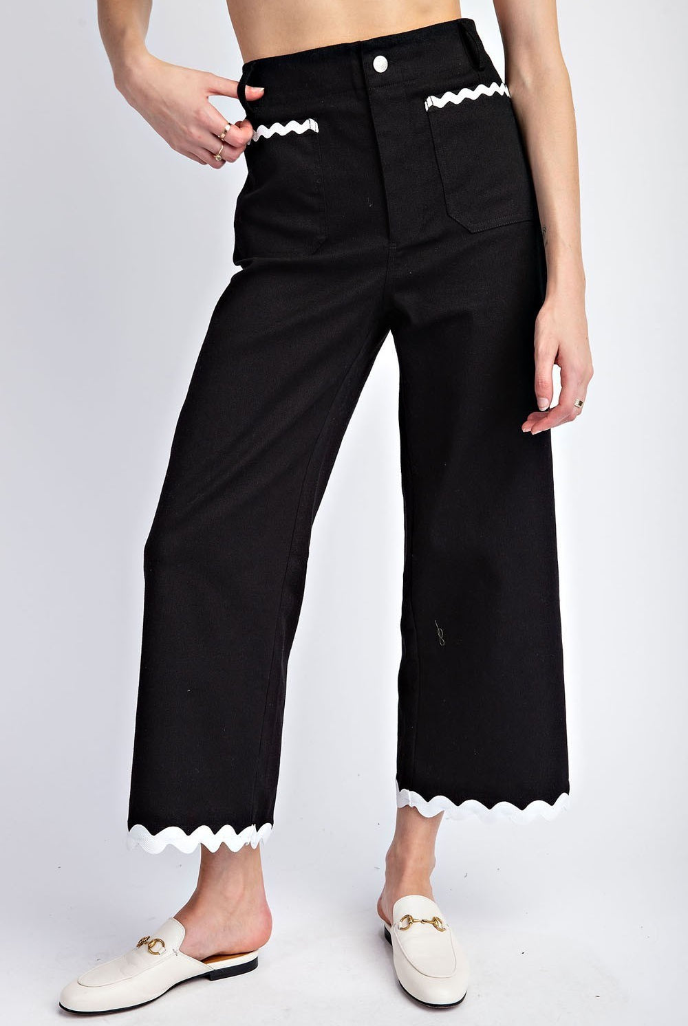 Ric Rac Trim Soft Wash Wide Leg Pants by RARA Boutique, featuring relaxed fit and stylish detailing in a soft wash fabric.
