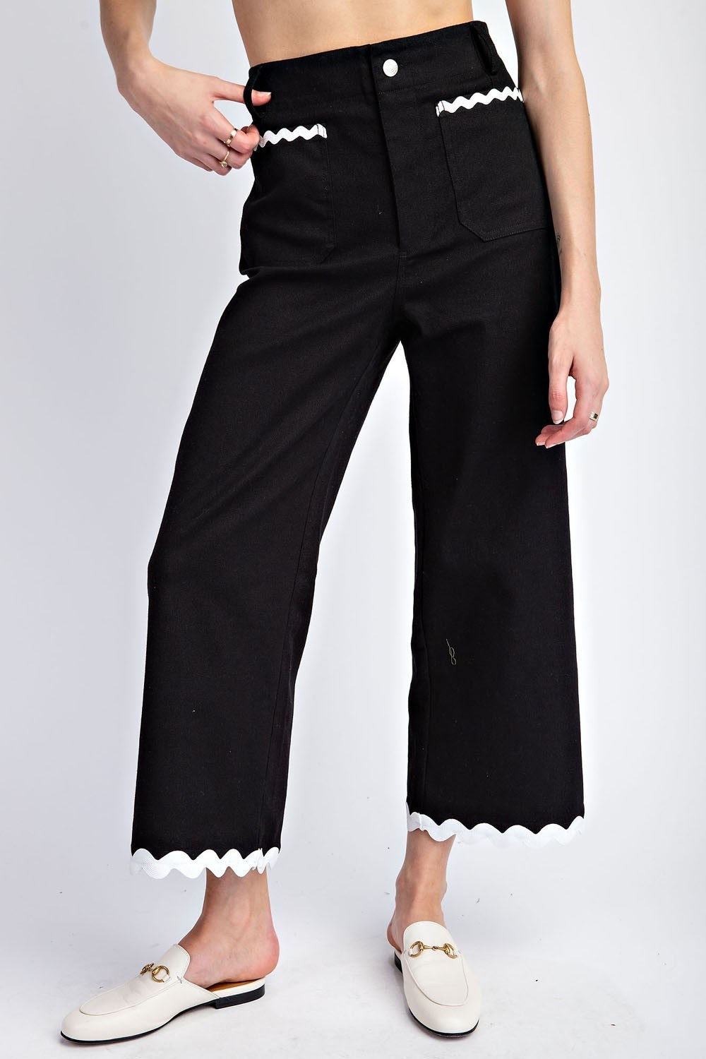 Ric Rac Trim Soft Wash Wide Leg Pants by RARA Boutique, featuring relaxed fit and stylish detailing in a soft wash fabric.