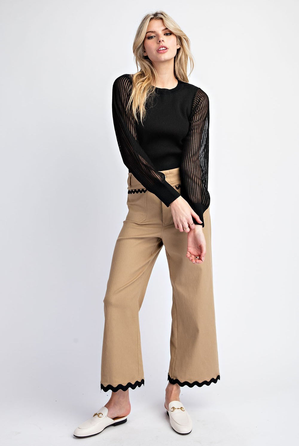 Wavy Contrast Ric Rac Trim Cropped Wide Leg Pants - eesome - RARA Boutique