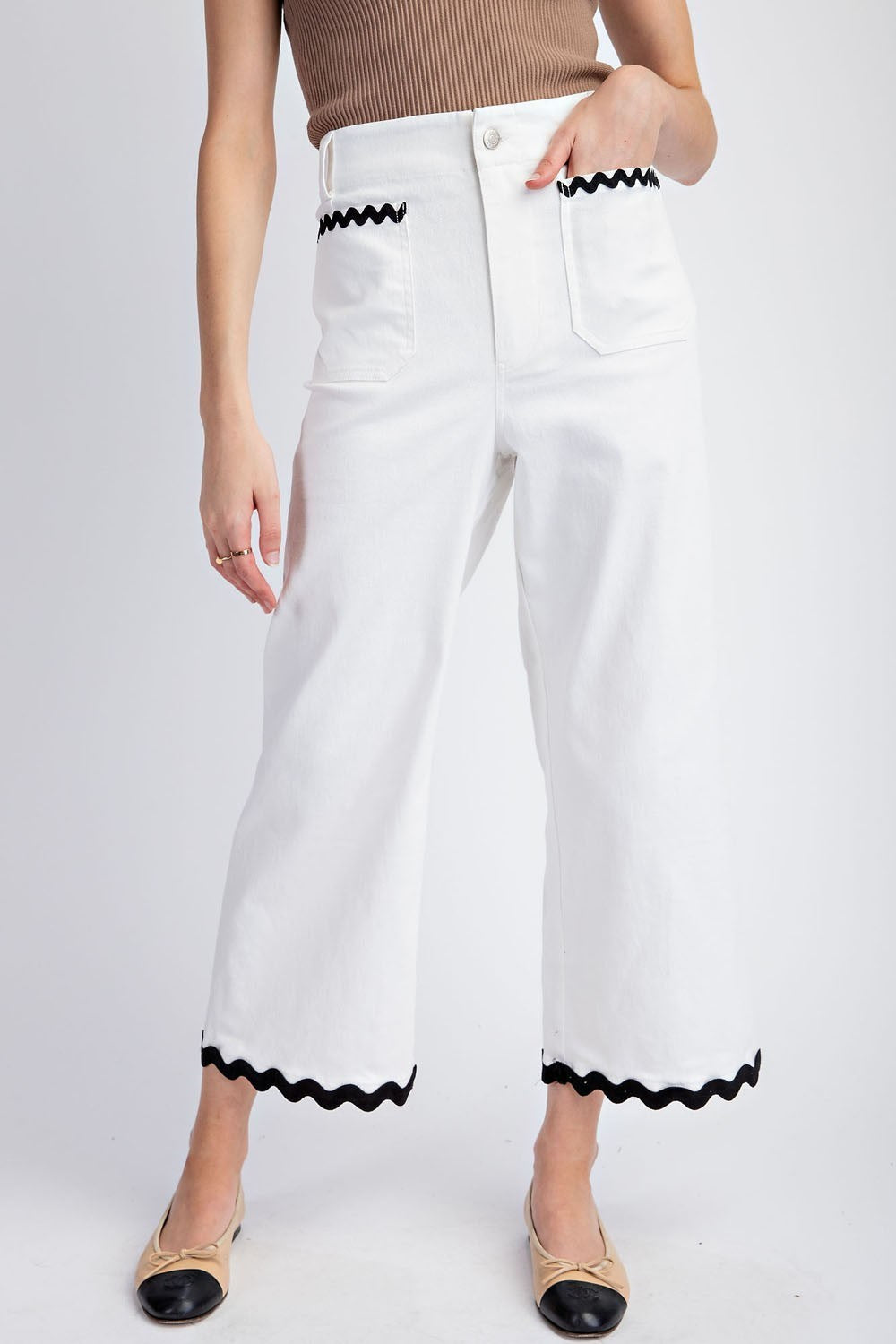Wavy Contrast Ric Rac Trim Cropped Wide Leg Pants - eesome - RARA Boutique