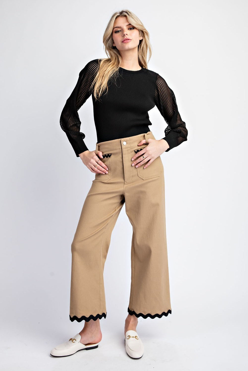 Wavy Contrast Ric Rac Trim Cropped Wide Leg Pants - eesome - RARA Boutique