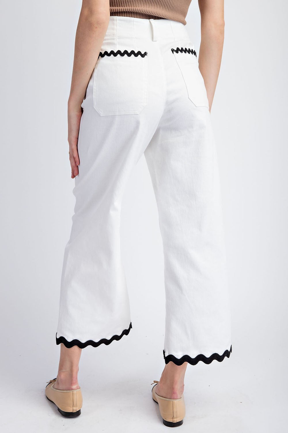 Wavy Contrast Ric Rac Trim Cropped Wide Leg Pants - eesome - RARA Boutique