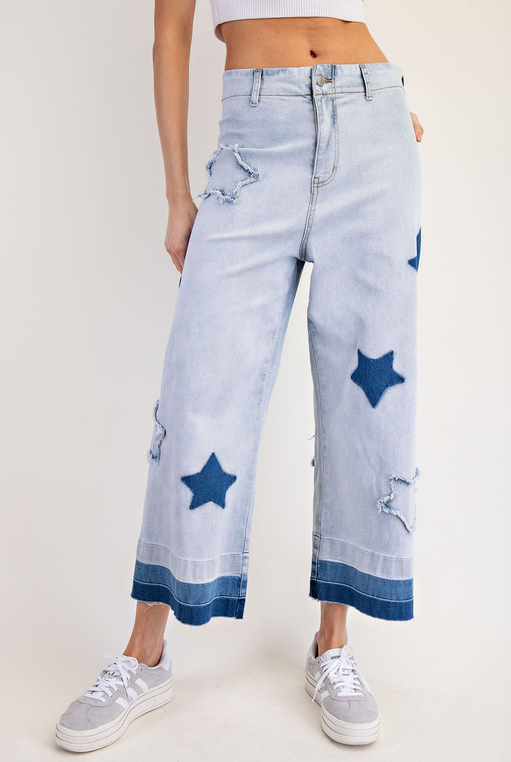 Mineral Washed Frayed Star Patch Ombre Cropped Jeans - eesome - RARA Boutique