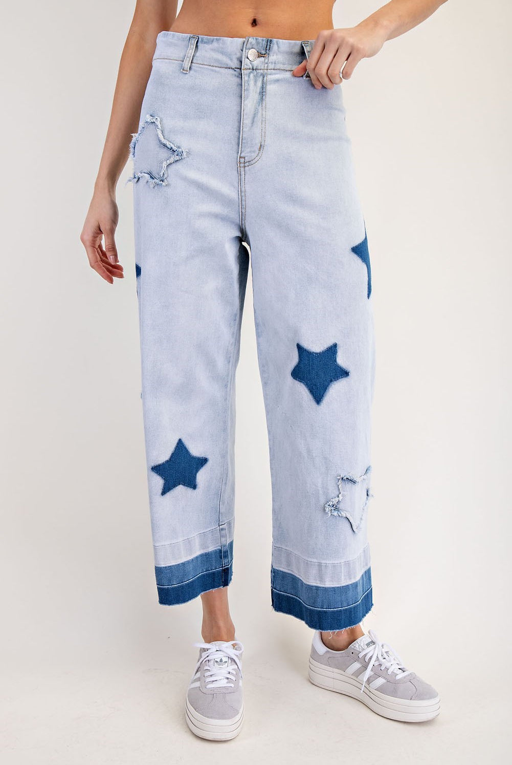 Mineral Washed Frayed Star Patch Ombre Cropped Jeans - eesome - RARA Boutique