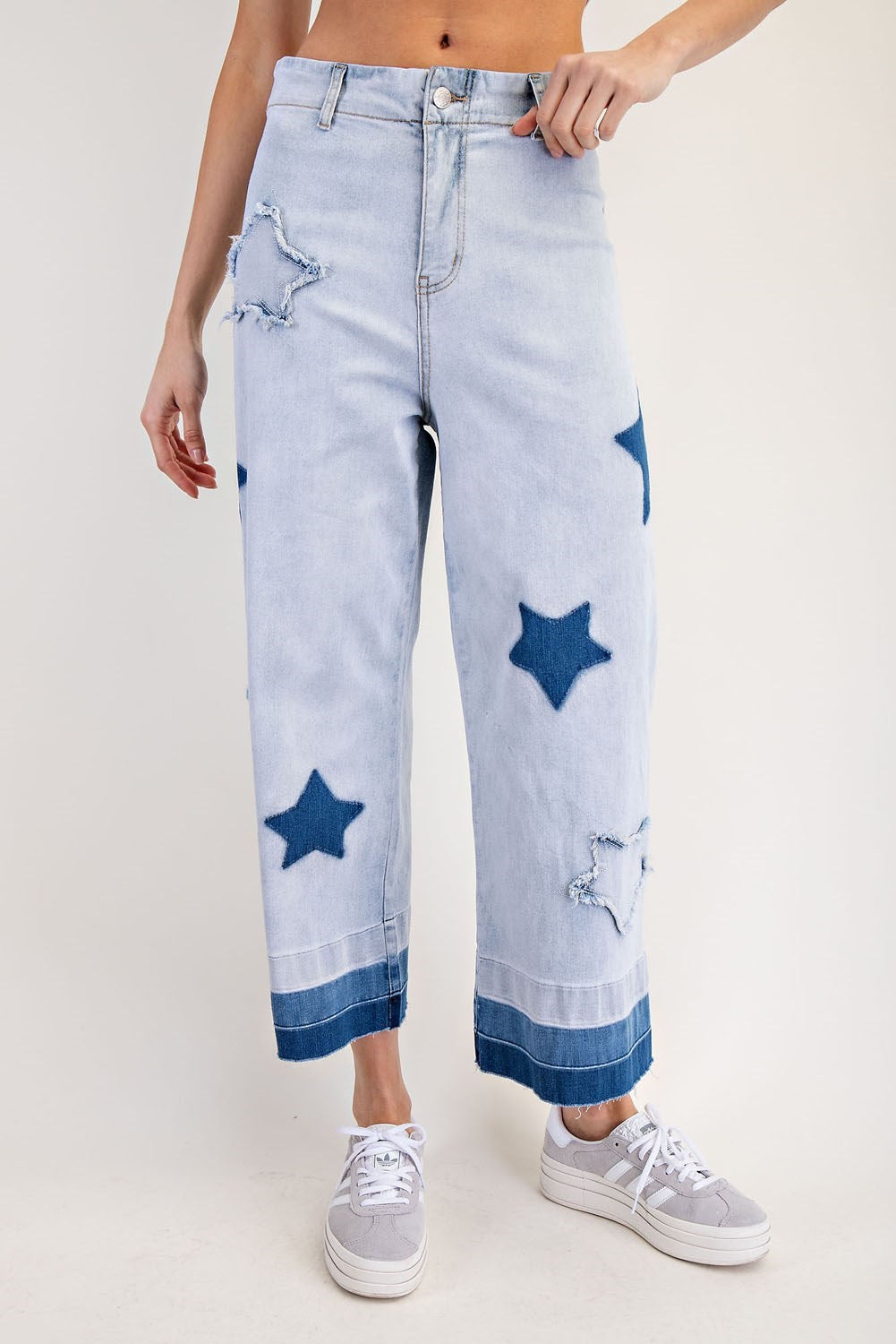 Mineral Washed Frayed Star Patch Ombre Cropped Jeans - eesome - RARA Boutique
