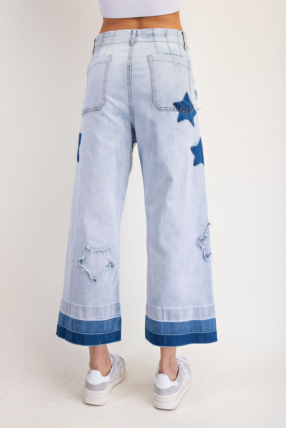 Mineral Washed Frayed Star Patch Ombre Cropped Jeans - eesome - RARA Boutique