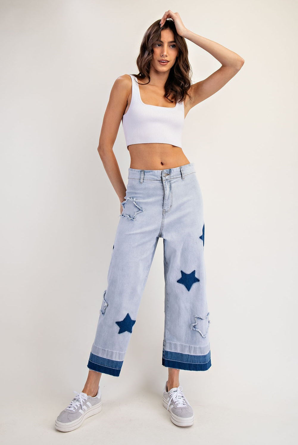 Mineral Washed Frayed Star Patch Ombre Cropped Jeans - eesome - RARA Boutique