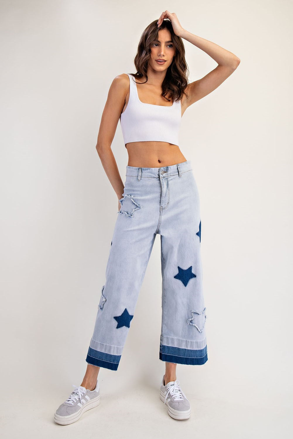Mineral Washed Frayed Star Patch Ombre Cropped Jeans - eesome - RARA Boutique