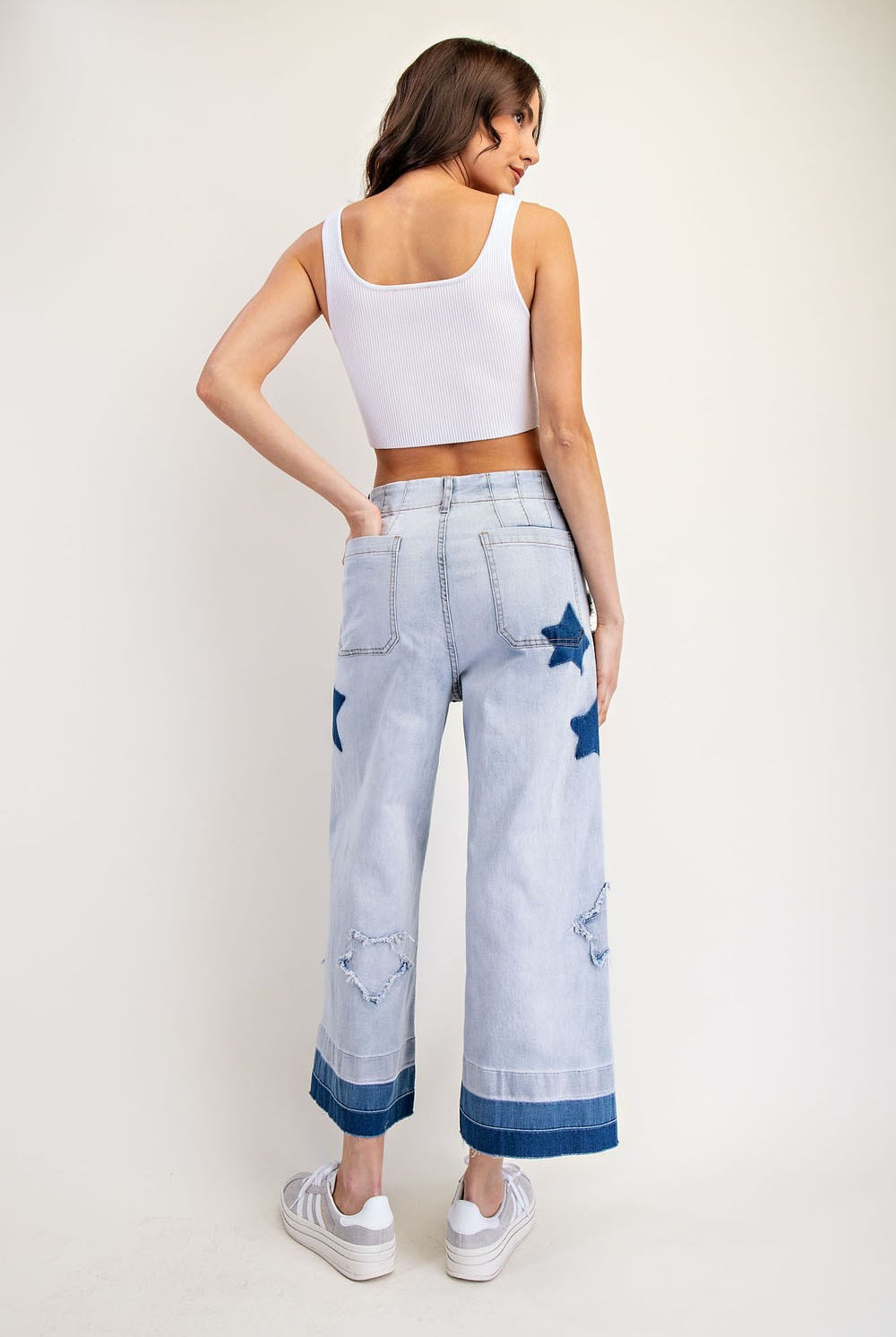 Mineral Washed Frayed Star Patch Ombre Cropped Jeans - eesome - RARA Boutique