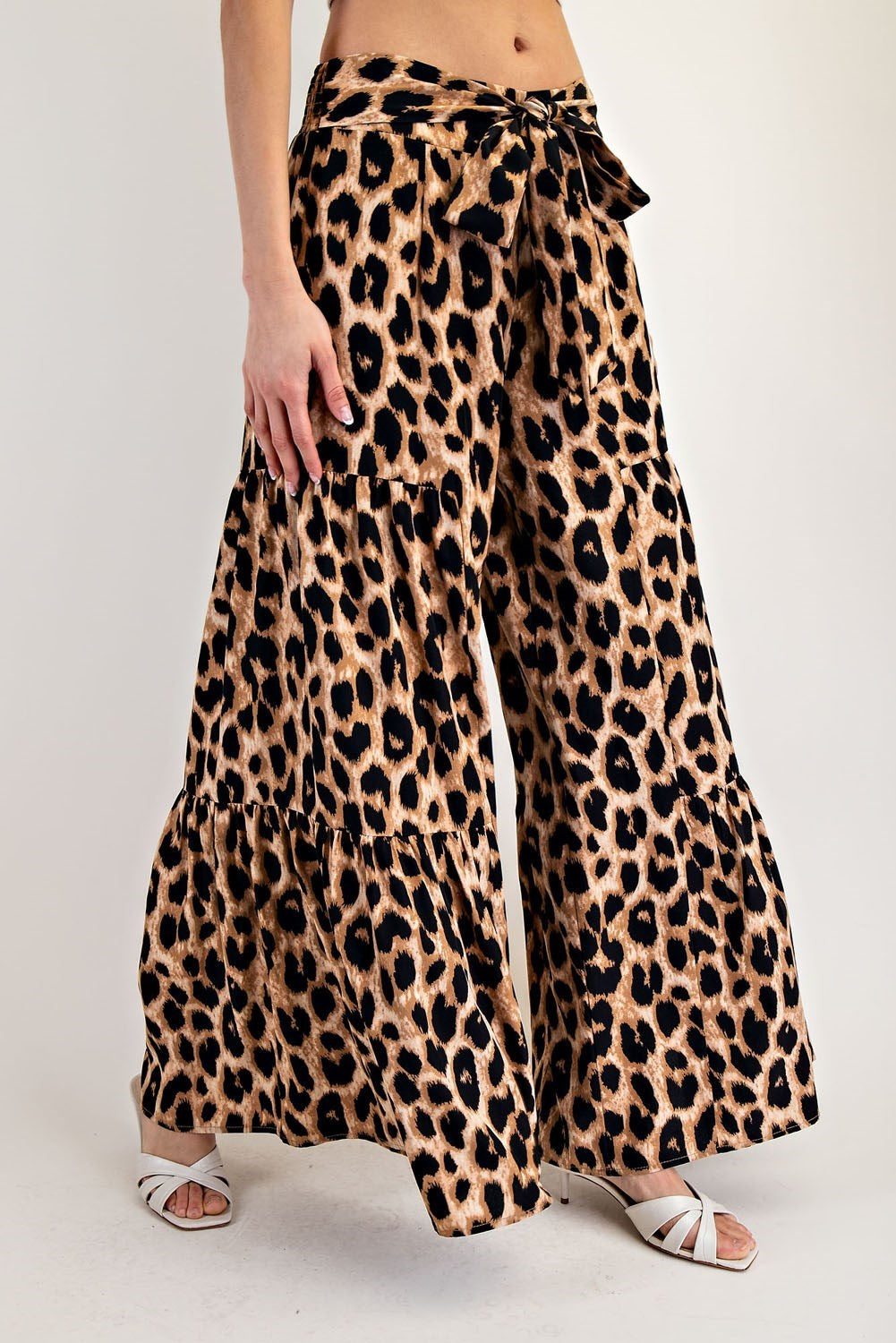 Leopard Print Tiered Wide Leg Palazzo Pants with Waist Tie - eesome - RARA Boutique