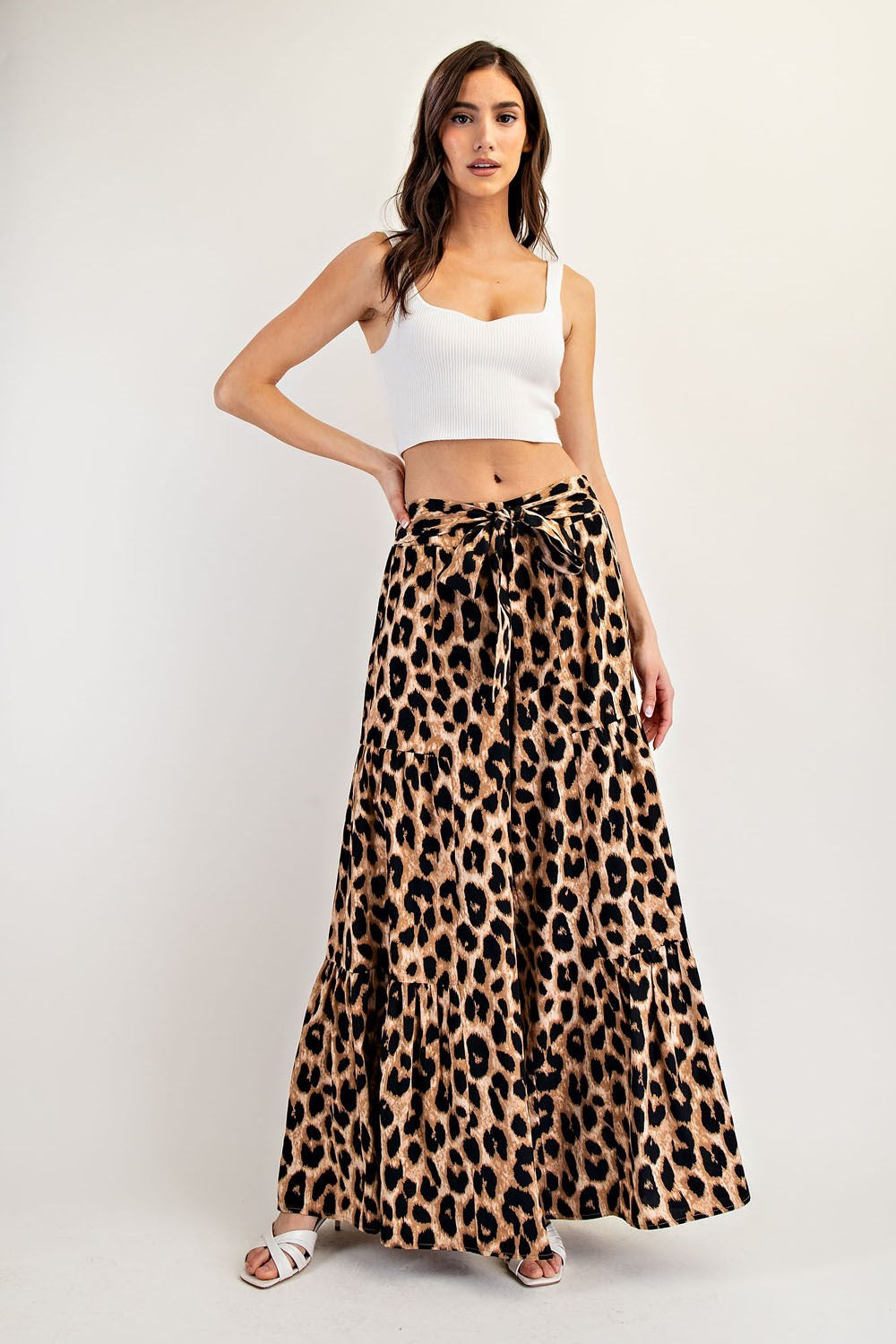 Leopard Print Tiered Wide Leg Palazzo Pants with Waist Tie - eesome - RARA Boutique
