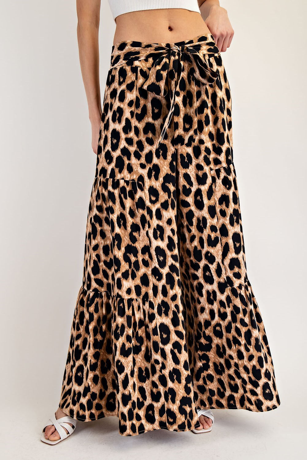 Leopard Print Tiered Wide Leg Palazzo Pants with Waist Tie - eesome - RARA Boutique