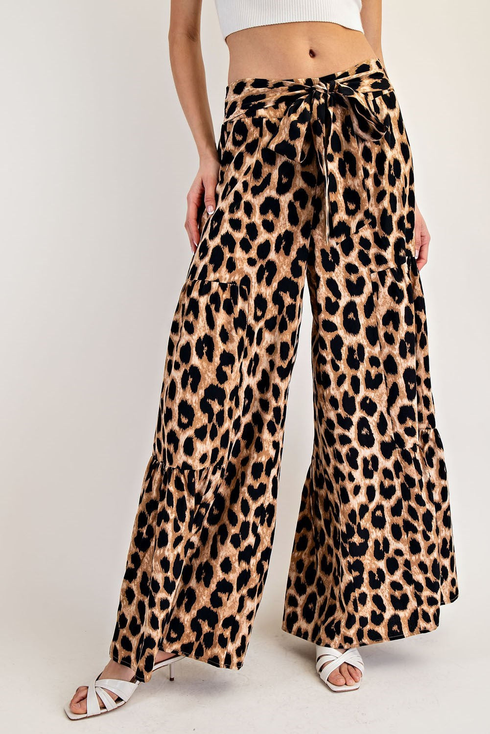 Leopard Print Tiered Wide Leg Palazzo Pants with Waist Tie - eesome - RARA Boutique