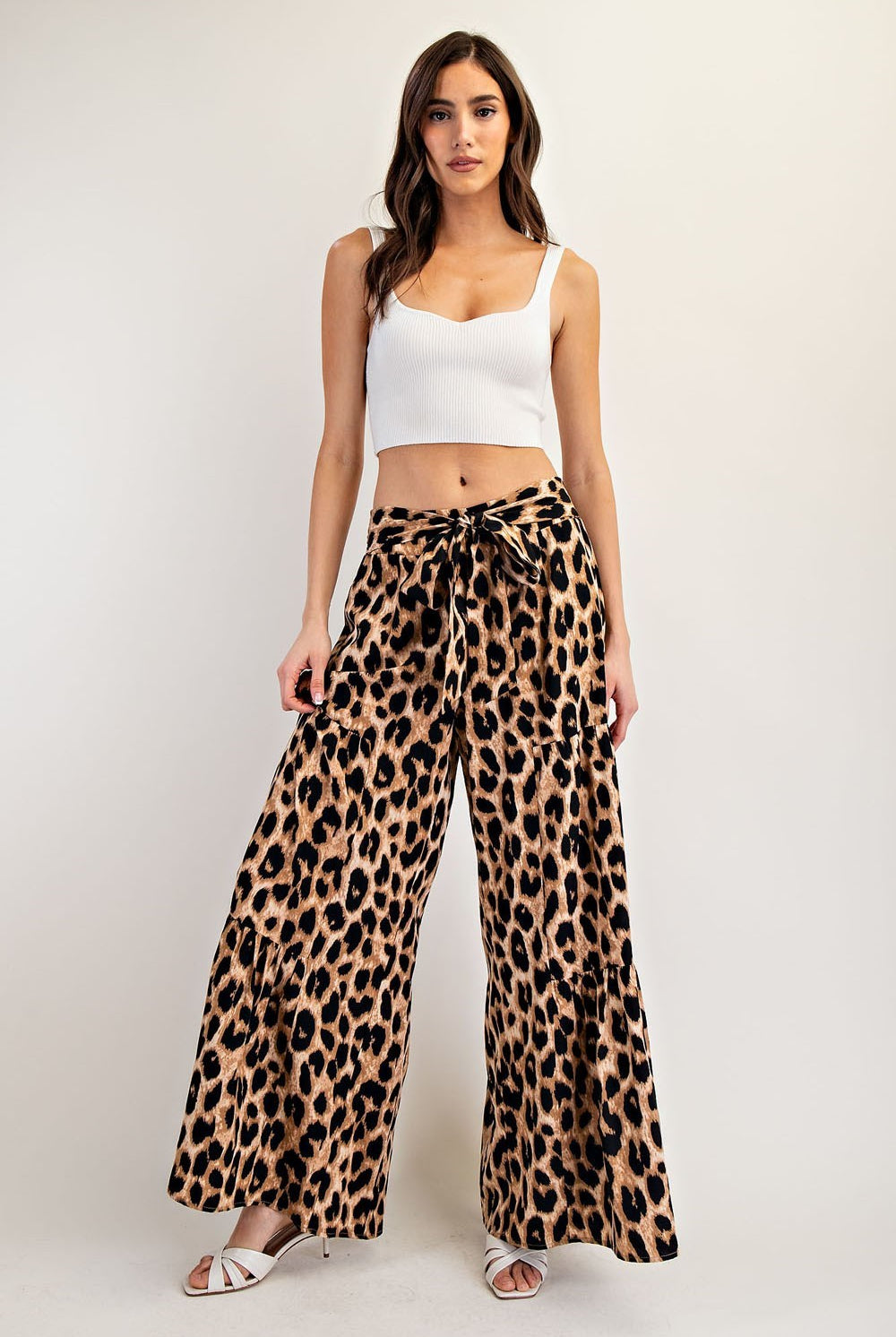 Leopard Print Tiered Wide Leg Palazzo Pants with Waist Tie - eesome - RARA Boutique