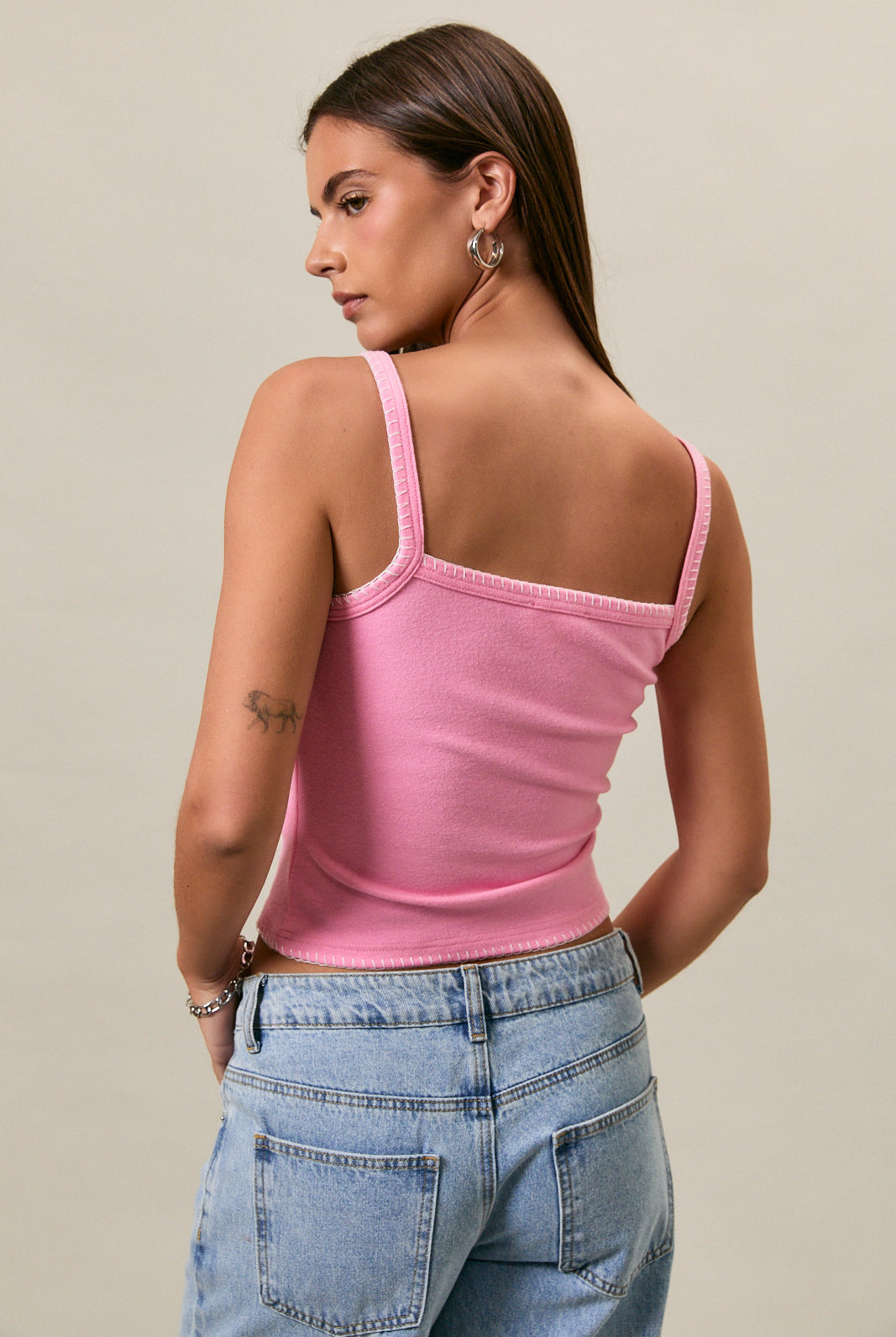 Pink American flag patchwork cropped tank top with contrast trim from RARA Boutique, featuring a stylish, casual design.