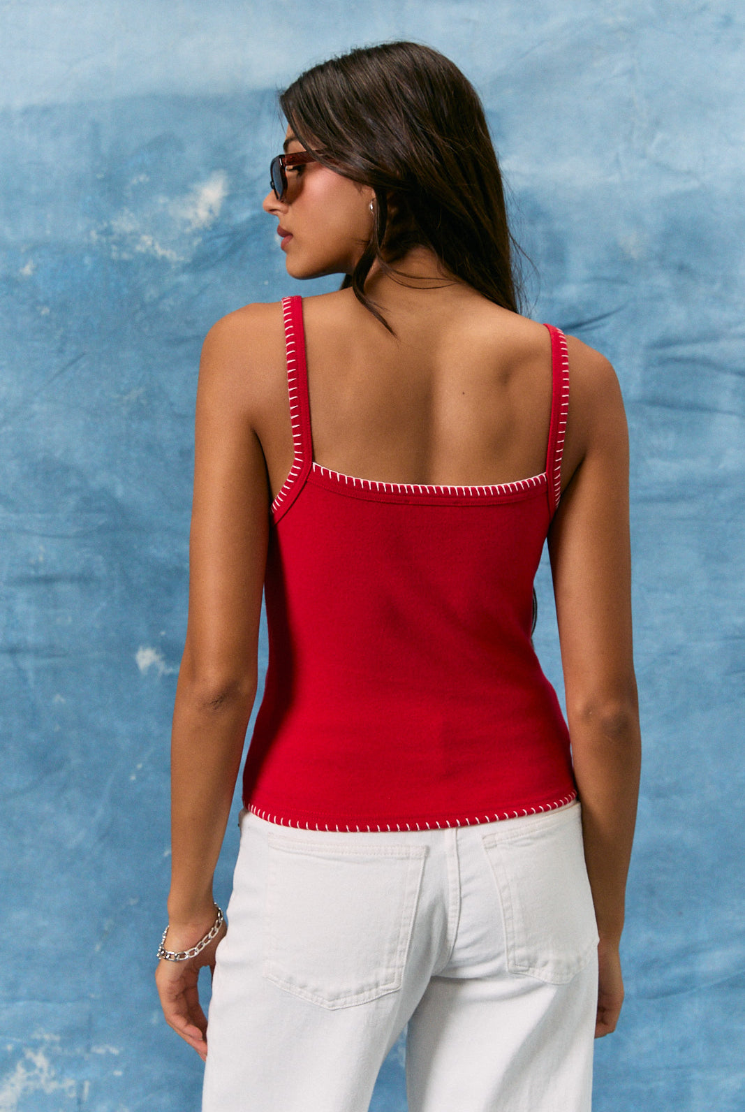 Red American flag patchwork cropped tank top with contrast trim by RARA Boutique, featuring a stylish sleeveless design.