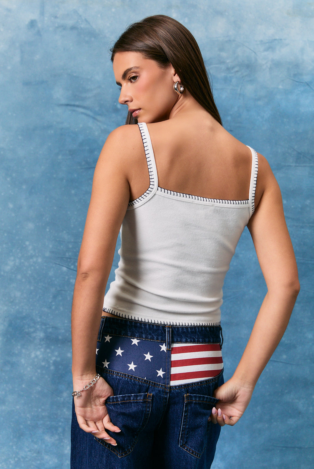 White American flag patchwork cropped tank top with contrast trim from RARA Boutique, featuring a stylish sleeveless design.