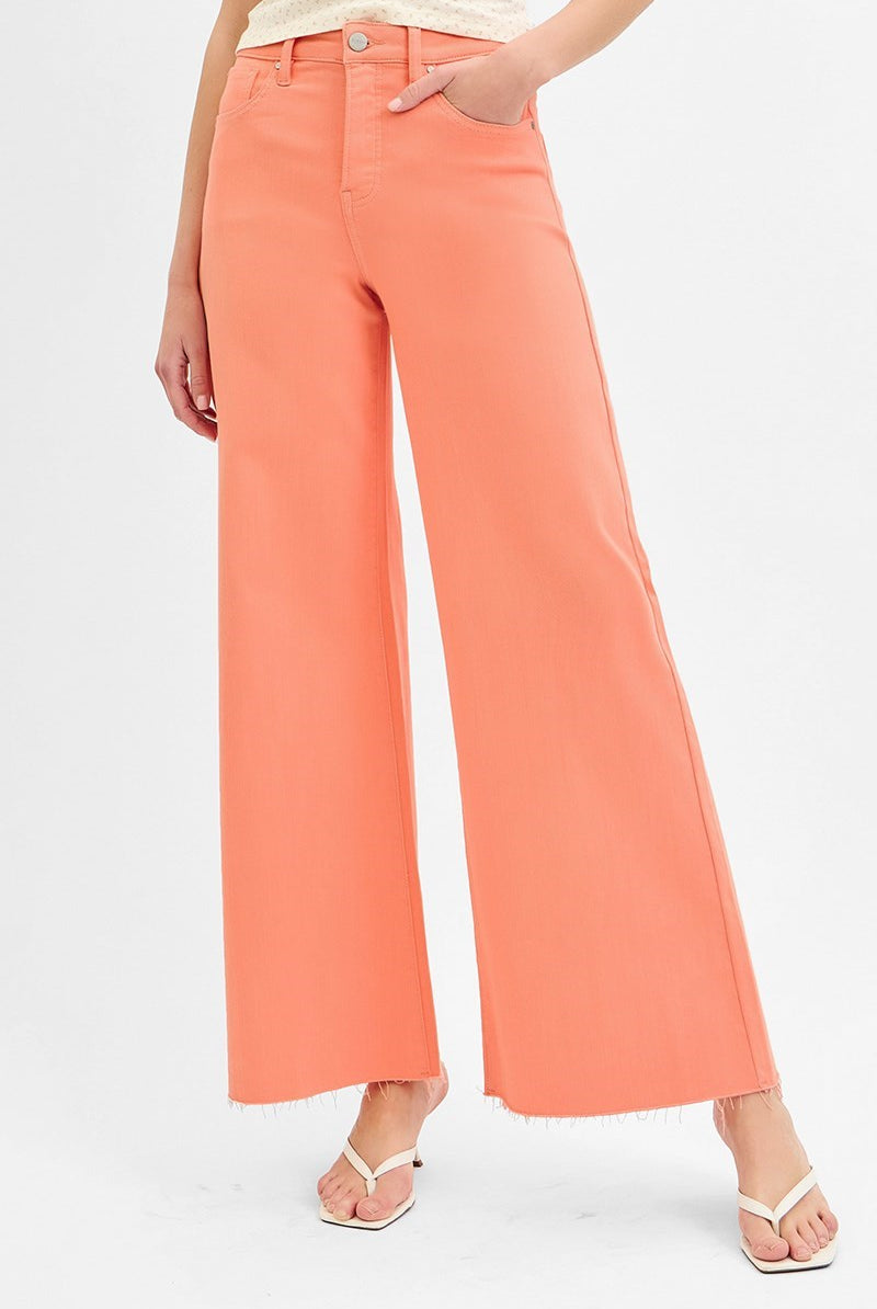 Tummy Control High Rise Wide Leg Palazzo Jeans with Raw Hem - Risen - RARA Boutique