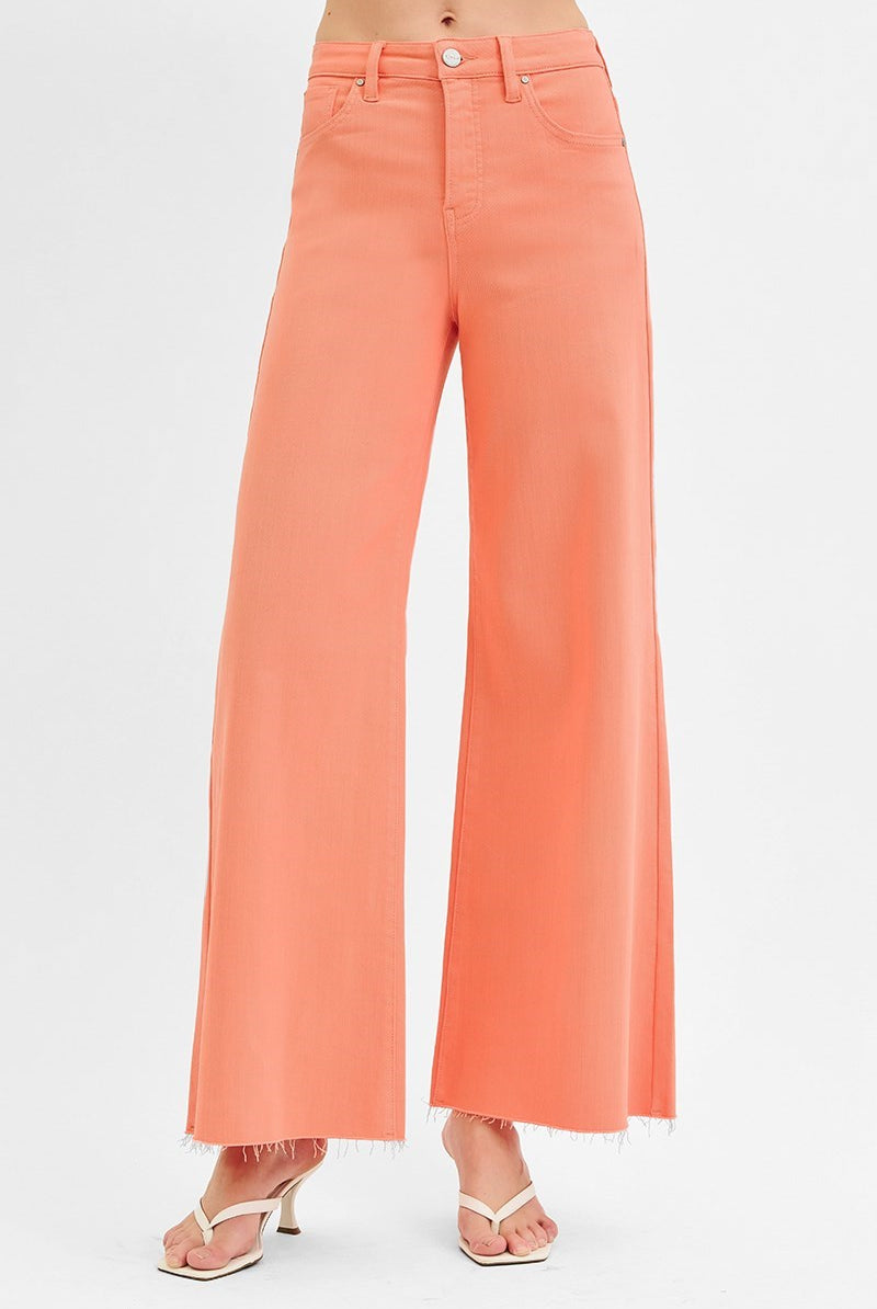 Tummy Control High Rise Wide Leg Palazzo Jeans with Raw Hem - Risen - RARA Boutique